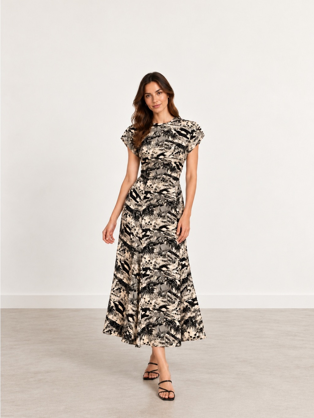 Reformation Gavin Dress Size 10 Black Cream Toile Scenic Midi